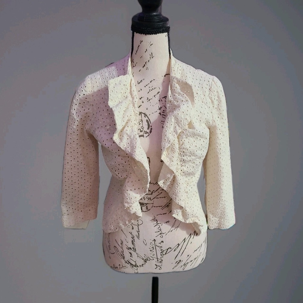 Tabitha Anthropologie‎ Ivory Eyelet Ruffle Jacket Size 2 Cotton Lined Blazer
